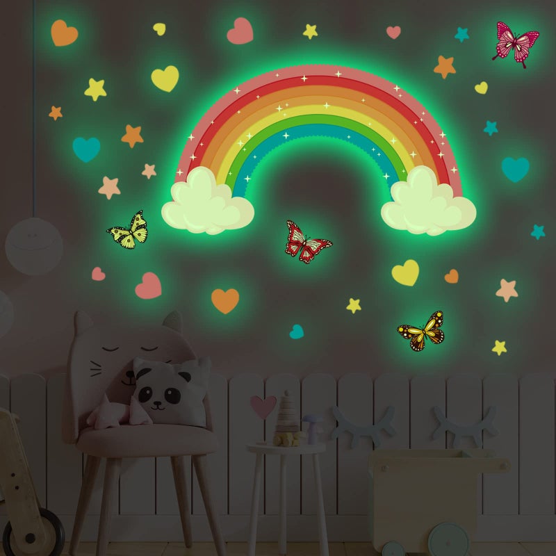 Saffica Glow in The Dark Large Rainbow Wall Decals Removable Star Butterfly Heart Sticker Glowing Rainbow Wallpaper Watercolor Vinyl Sticker for Nursery Teen Bedroom Decoration - Image 1
